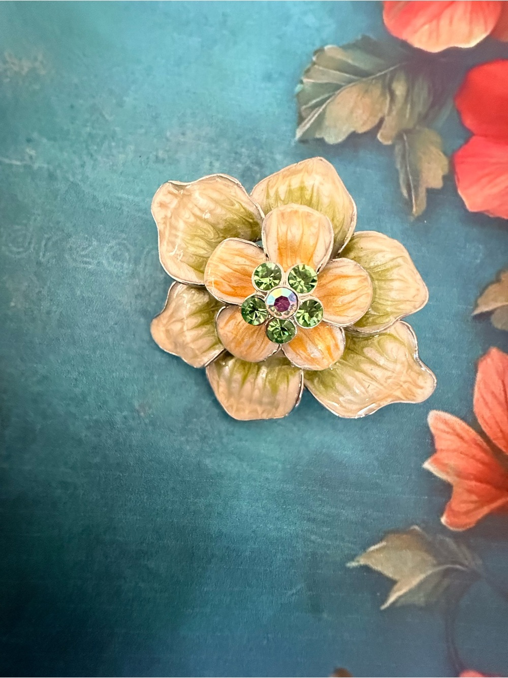 Floral Green and Yellow Crystal Flower Brooch.